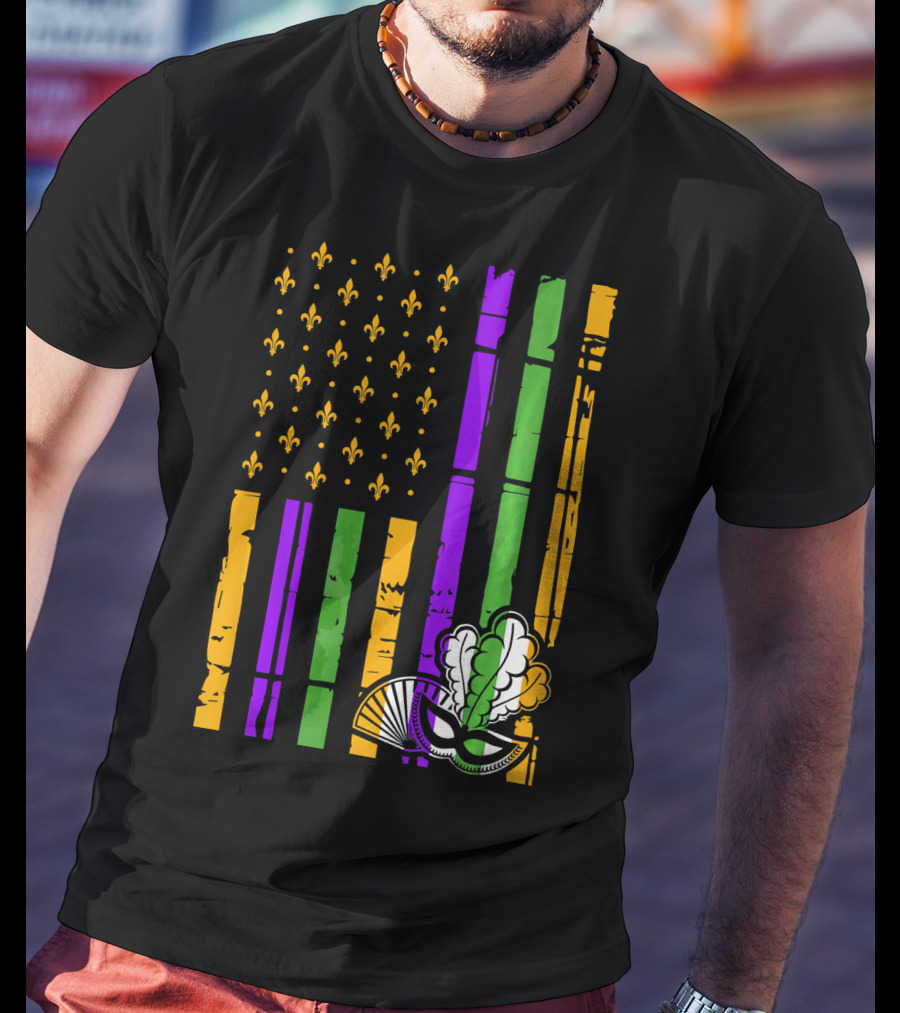 US Mardi Gras Celebration Flag Fleur De Lis Mask T-Shirt