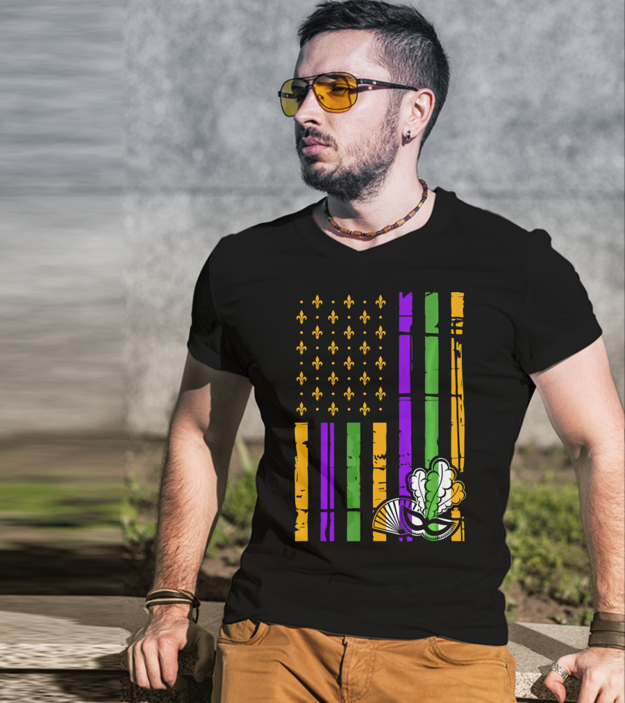 US Mardi Gras Celebration Flag Fleur De Lis Mask T-Shirt