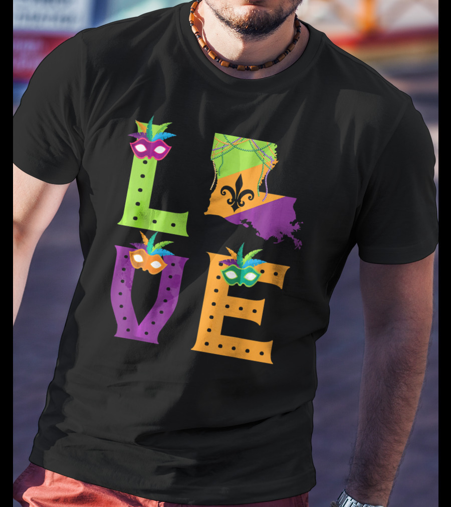 Love Mardi Gras Louisiana Fleur-de-lis Mask Beads T-Shirt