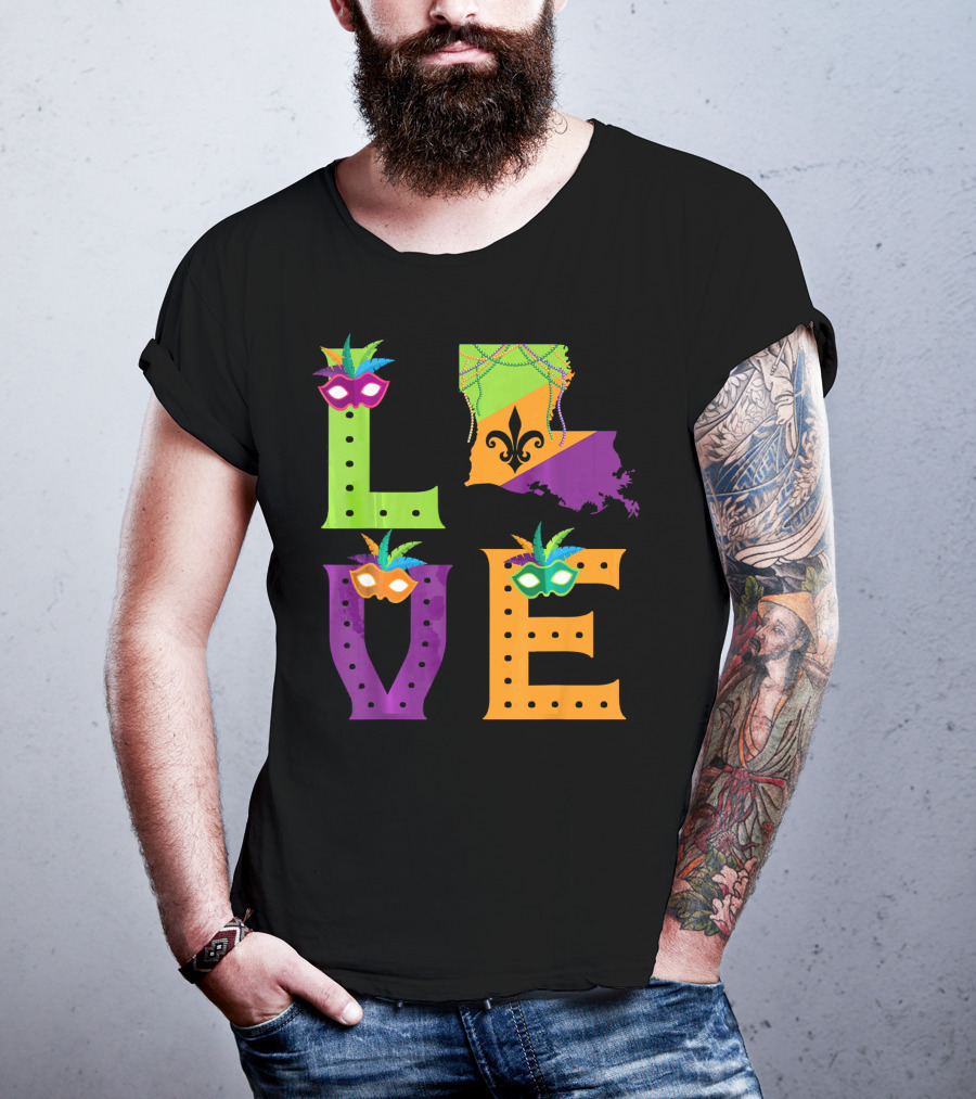 Love Mardi Gras Louisiana Fleur-de-lis Mask Beads T-Shirt
