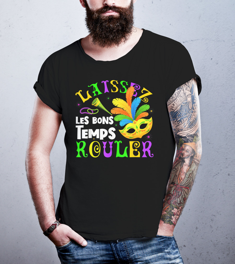 Laissez Les Bons Temps Rouler Mardi Gras Mask Beads Horn T-Shirt