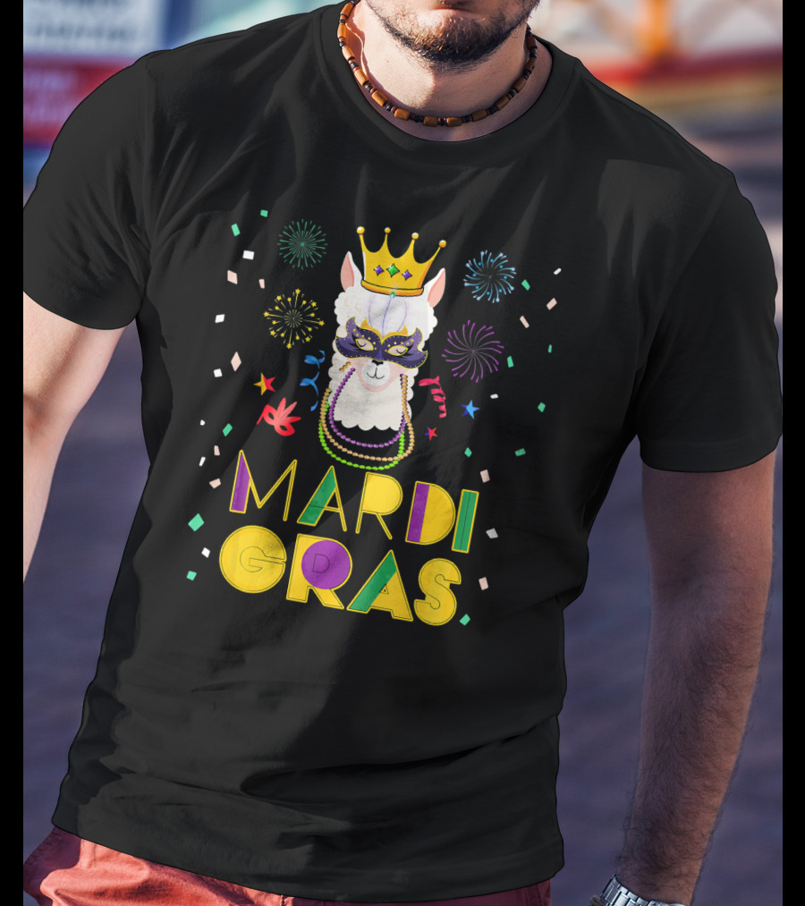 Mardi Gras Llama Alpaca Crowns Beads Fun Mask Fireworks T-Shirt