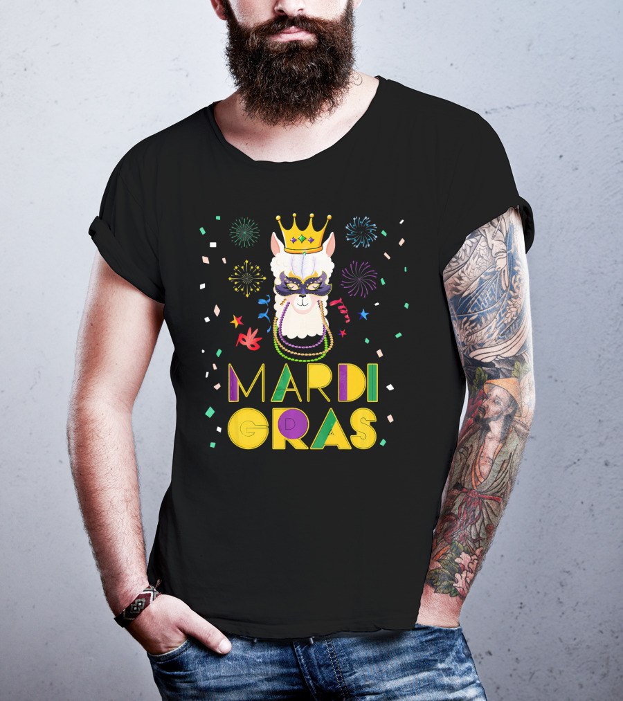 Mardi Gras Llama Alpaca Crowns Beads Fun Mask Fireworks T-Shirt