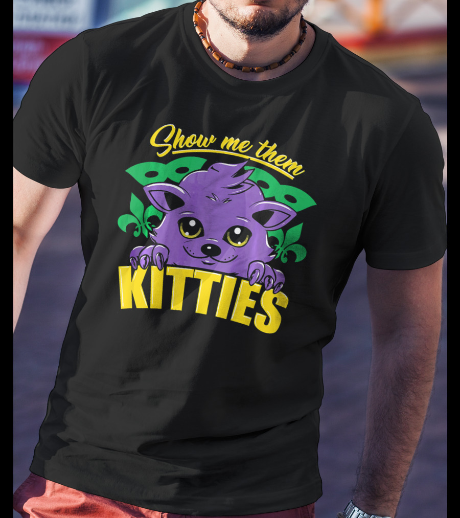 Show Me Them Kitties Mardi Gras Mask Purple Cat Fleur-de-Lis T-Shirt