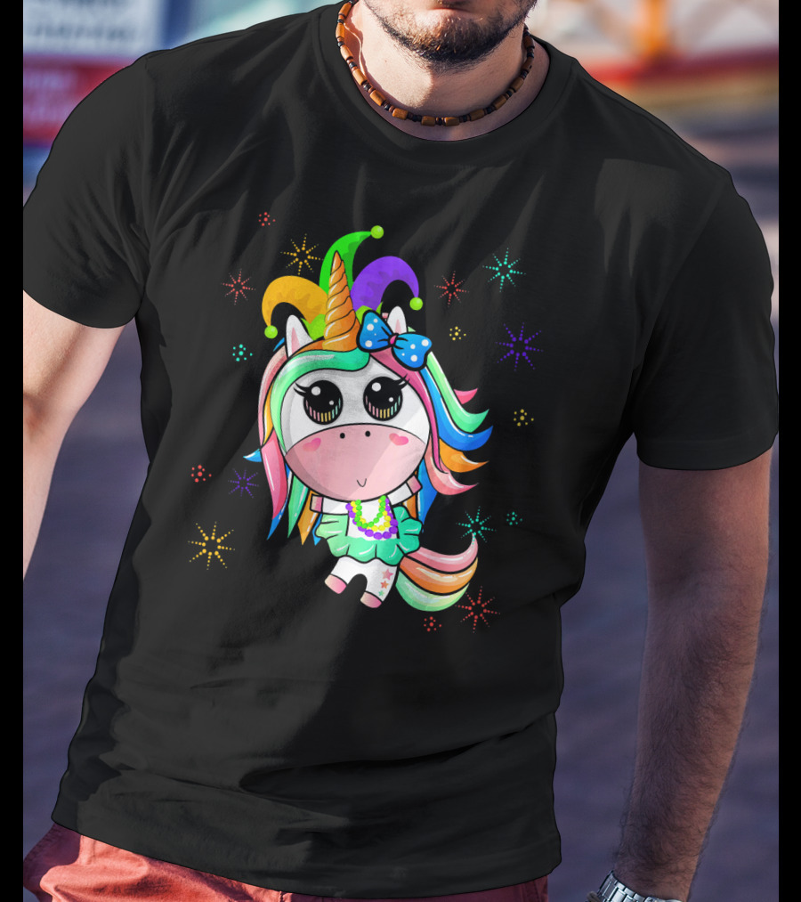 Mardi Gras Unicorn With Colorful Beads And Jester Hat T-Shirt
