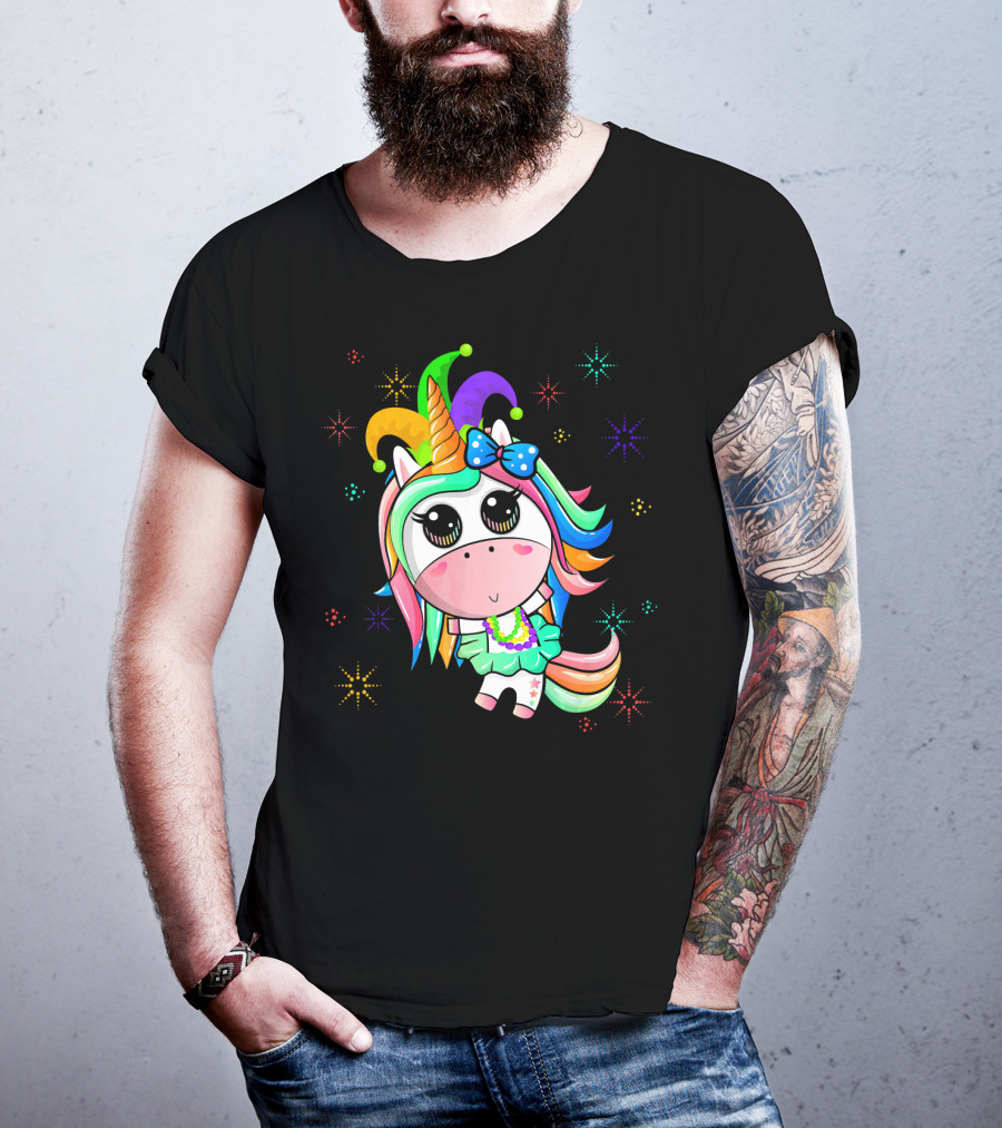 Mardi Gras Unicorn With Colorful Beads And Jester Hat T-Shirt