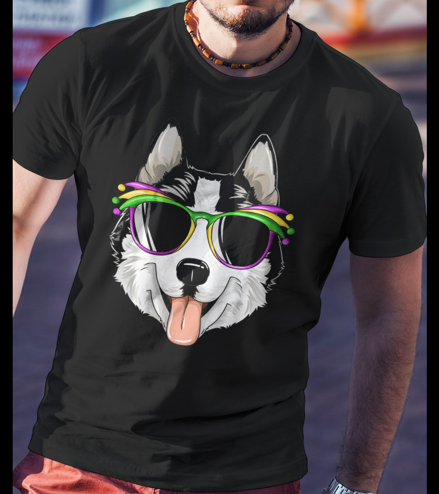 Husky Mardi Gras Carnival Mask Sunglasses Dog T-Shirt