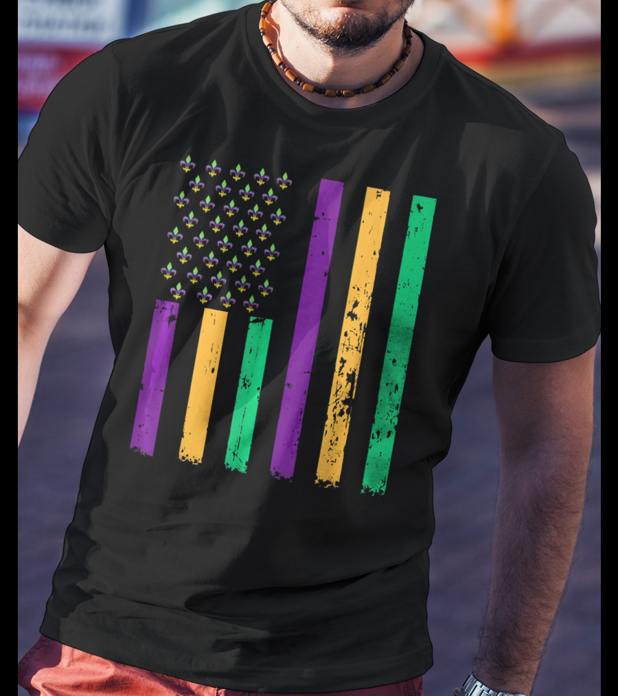 Vintage Fleur-de-Lis Mardi Gras American Flag T-Shirt
