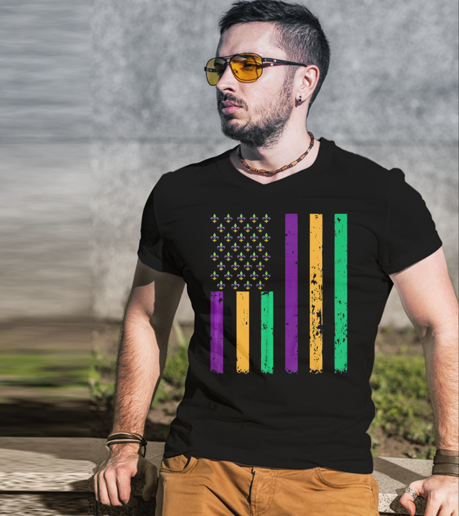 Vintage Fleur-de-Lis Mardi Gras American Flag T-Shirt