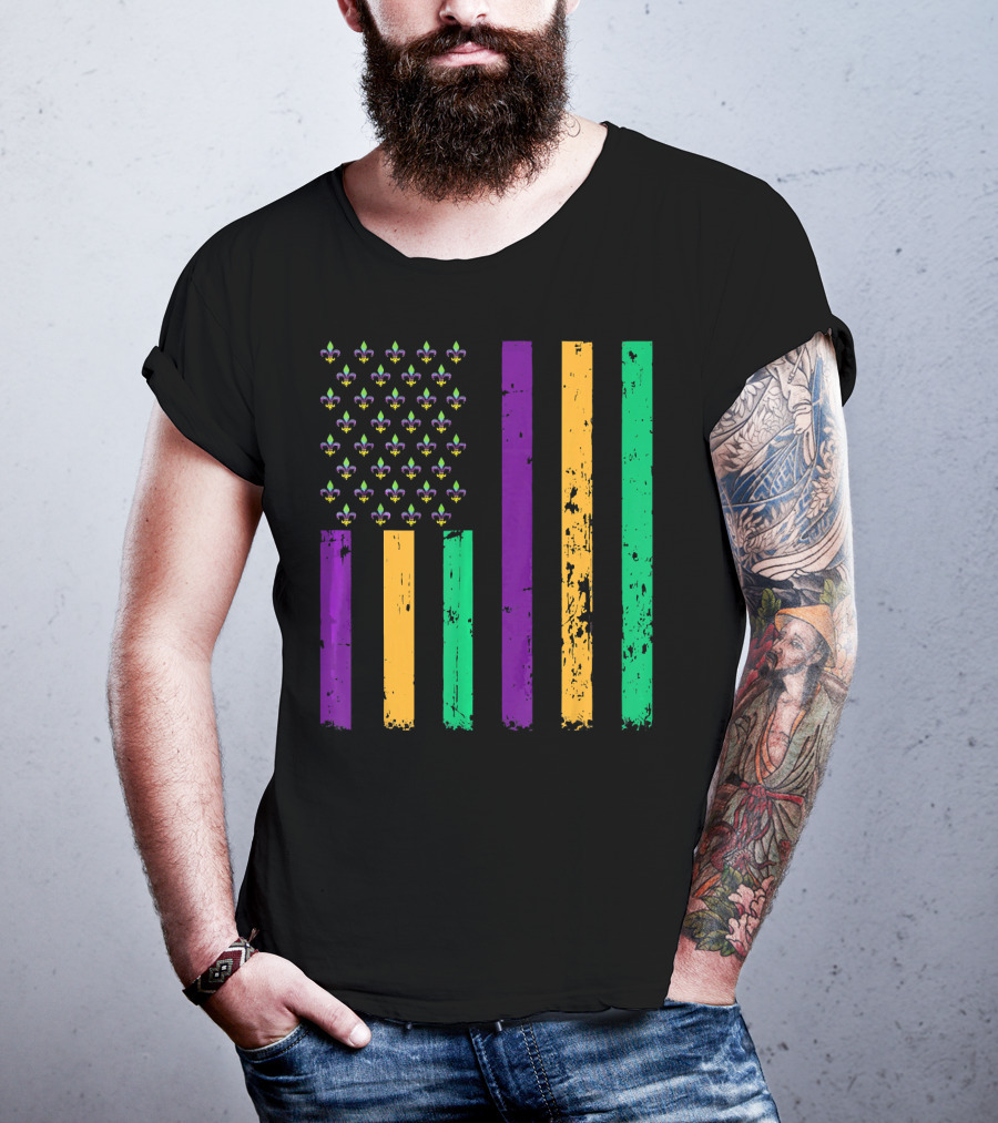 Vintage Fleur-de-Lis Mardi Gras American Flag T-Shirt