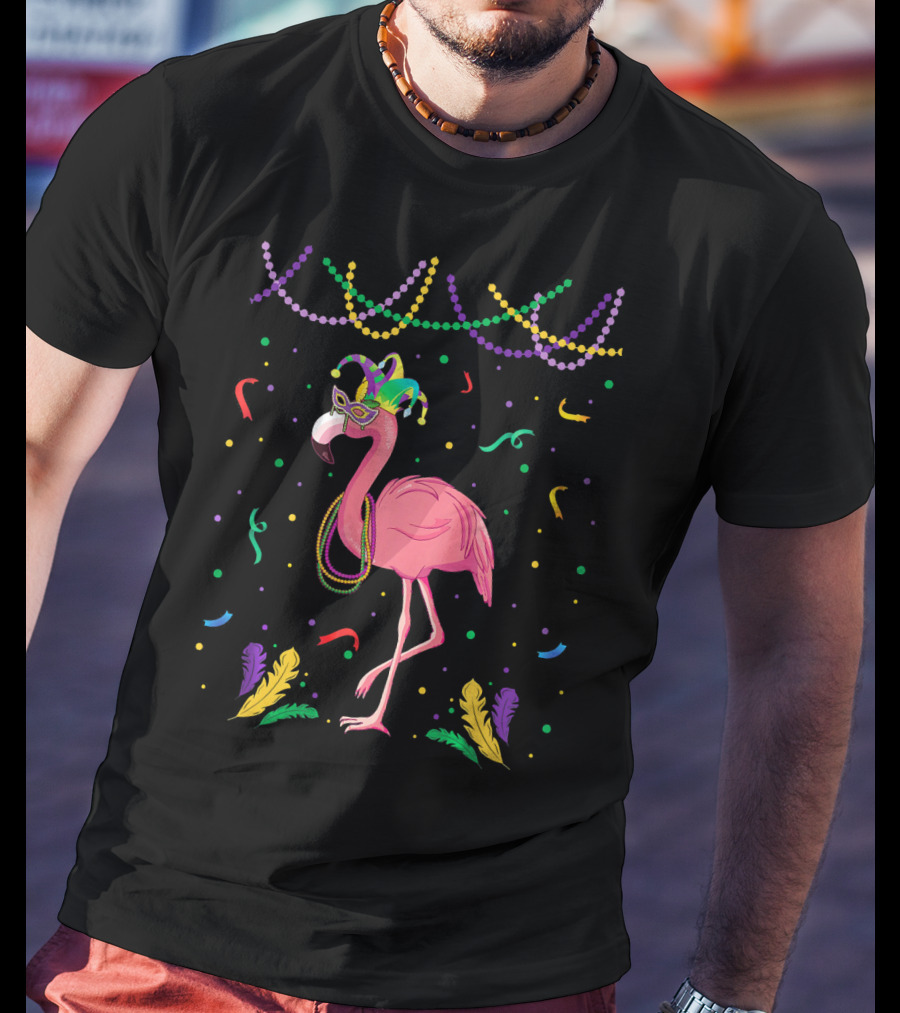 Flamingo Mardi Gras Beads And Mask T-Shirt