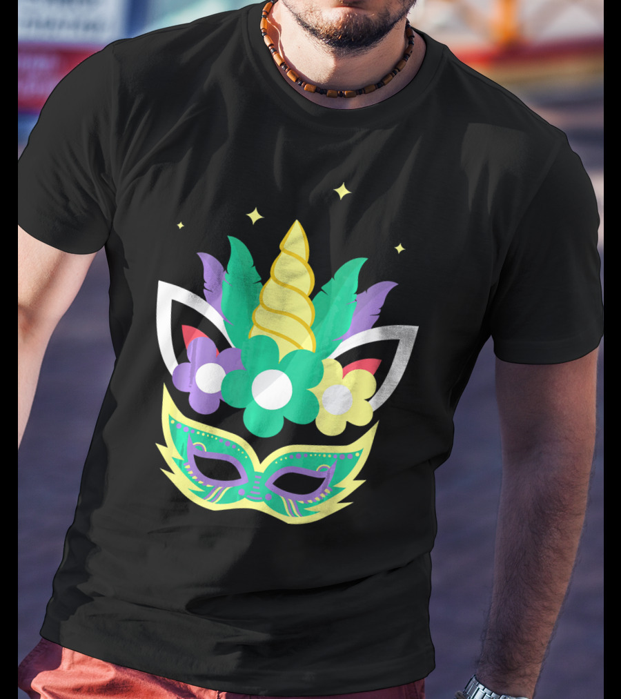 Unicorn Mardi Gras Mask With Flowers And Stars T-Shirt