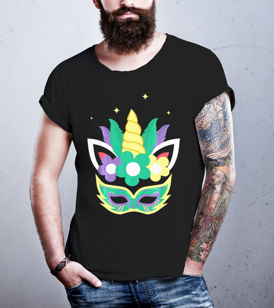 Unicorn Mardi Gras Mask With Flowers And Stars T-Shirt