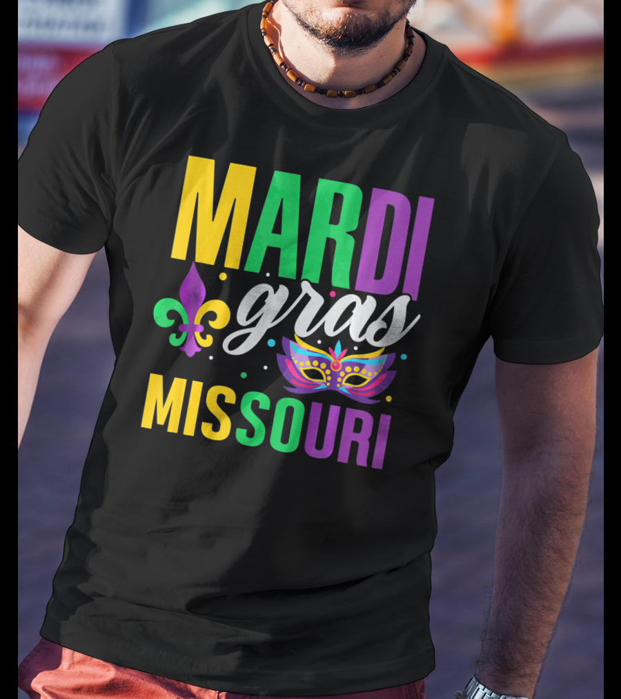 Mardi Gras Missouri Parade Beads Fleur-de-Lis Mask T-Shirt