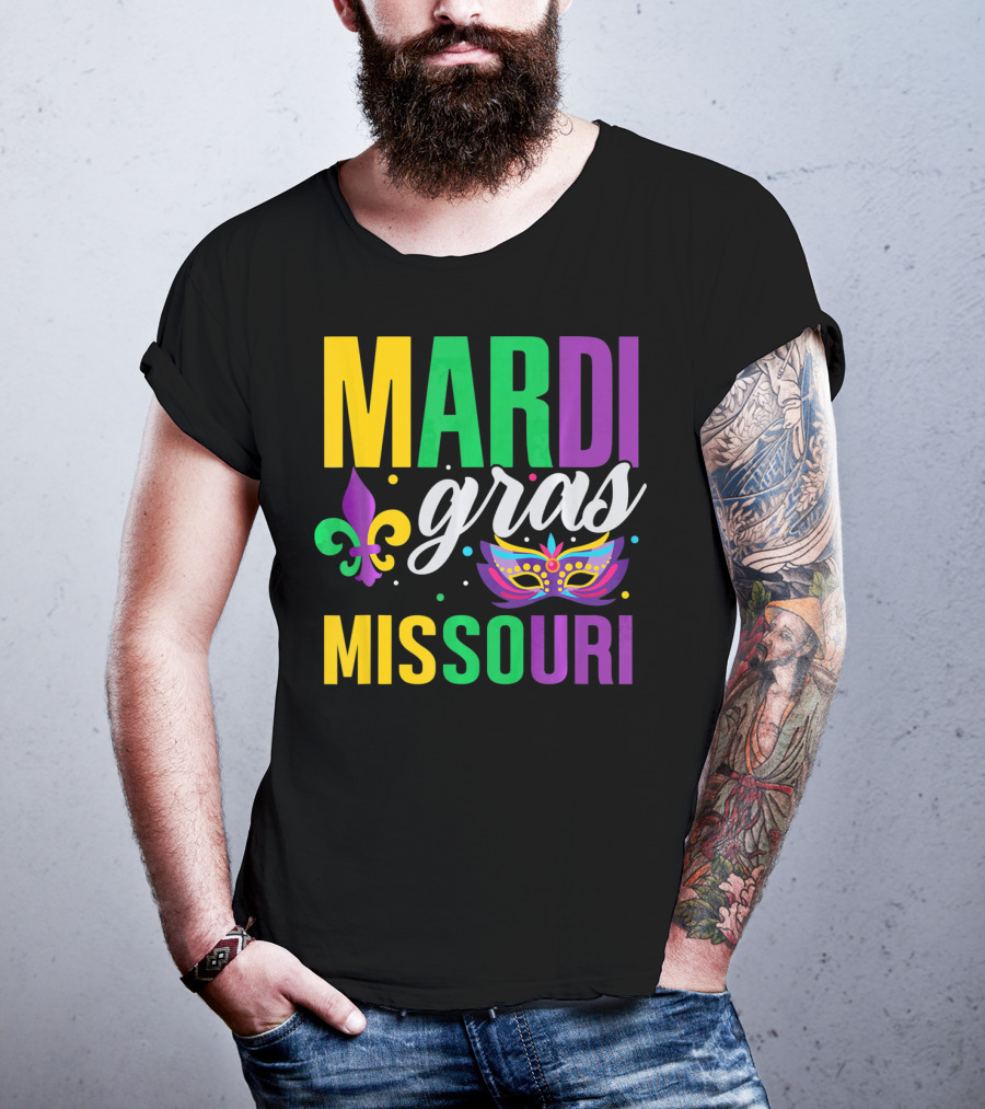 Mardi Gras Missouri Parade Beads Fleur-de-Lis Mask T-Shirt