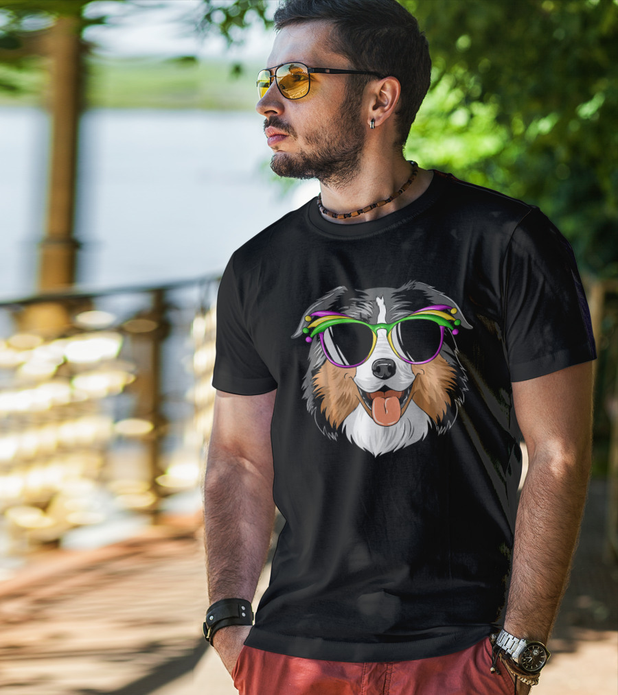 Australian Shepherd Dog Wearing Mardi Gras Festival Sunglasses T-Shirt