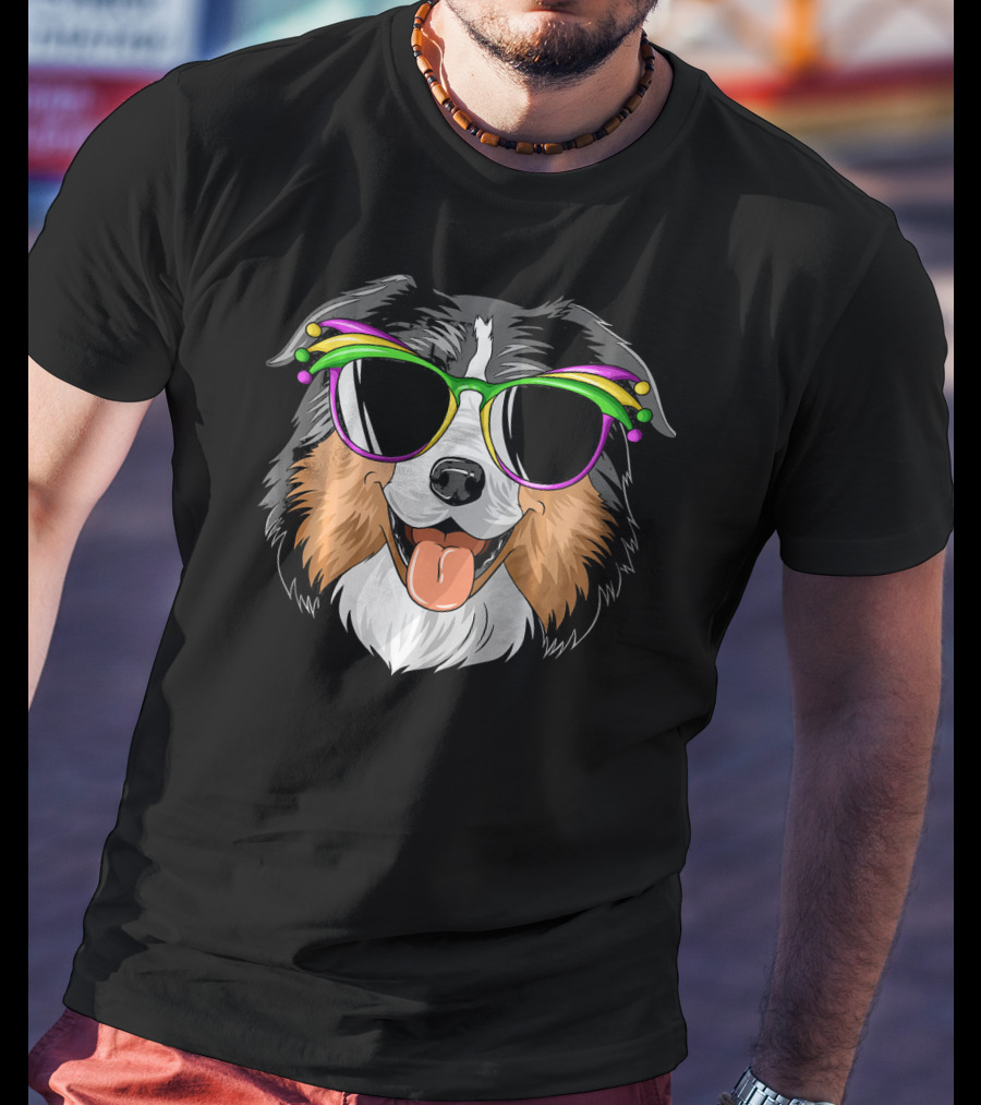 Australian Shepherd Dog Wearing Mardi Gras Festival Sunglasses T-Shirt