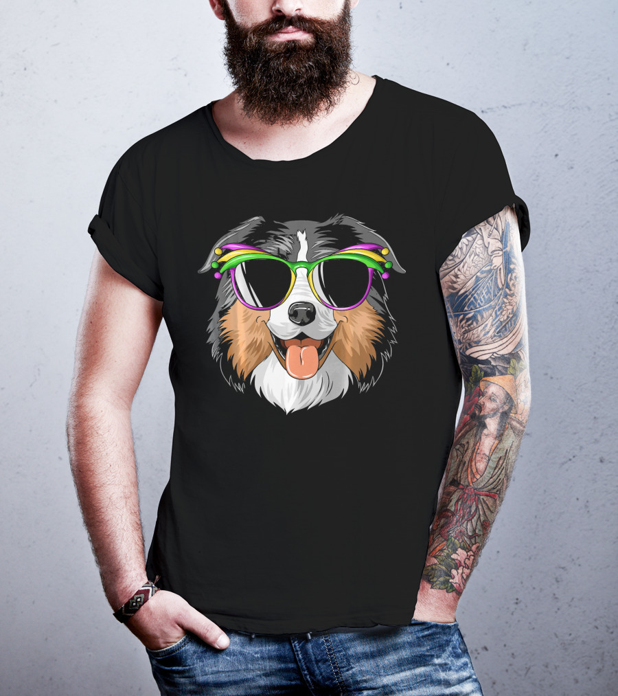 Australian Shepherd Dog Wearing Mardi Gras Festival Sunglasses T-Shirt