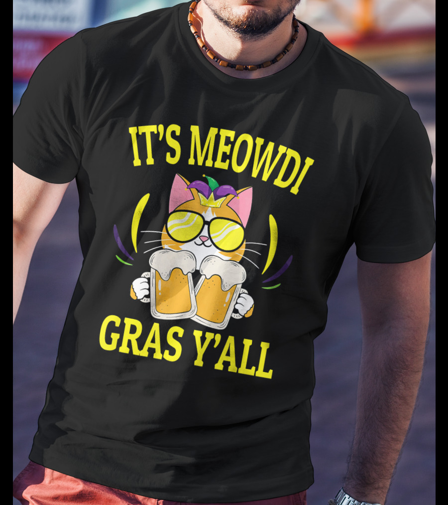 It's Meowdi Gras Y'all Cat With Beers And Sunglasses T-Shirt