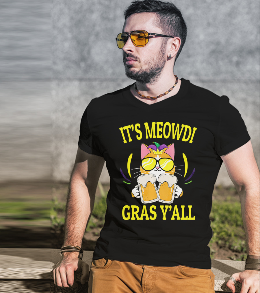 It's Meowdi Gras Y'all Cat With Beers And Sunglasses T-Shirt
