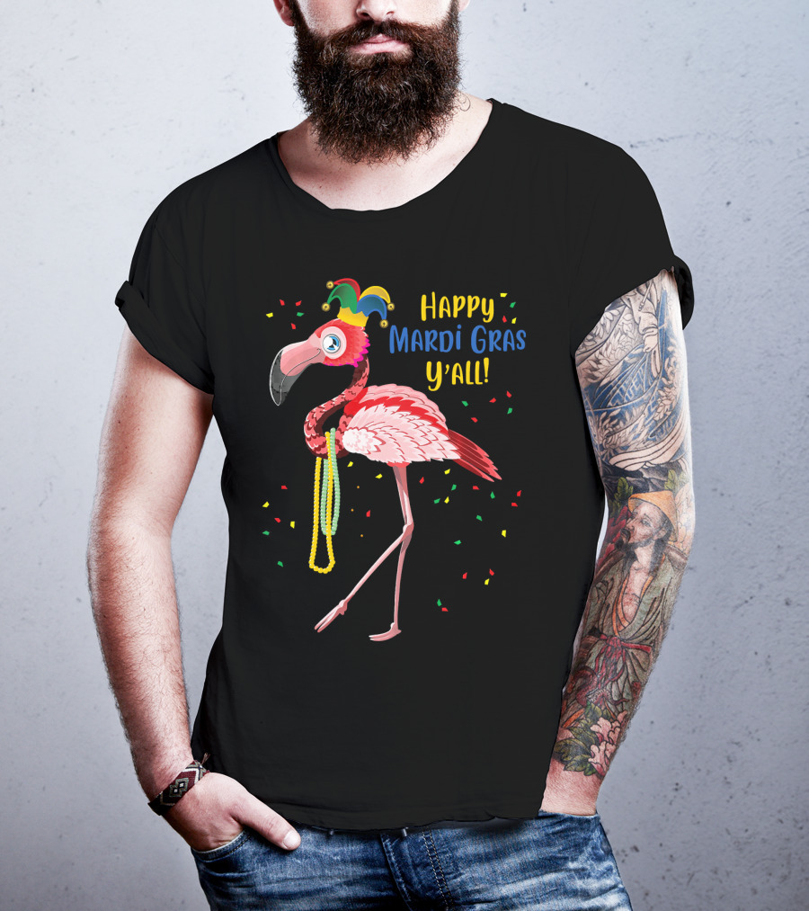 Happy Mardi Gras Y'all Flamingo Jester Hat Fat Tuesday T-Shirt