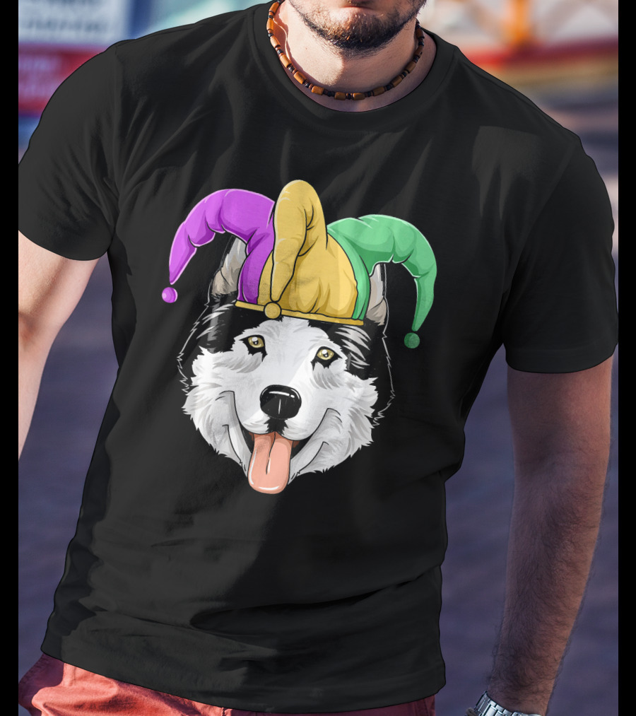 Mardi Gras Husky With Carnival Jester Hat T-Shirt