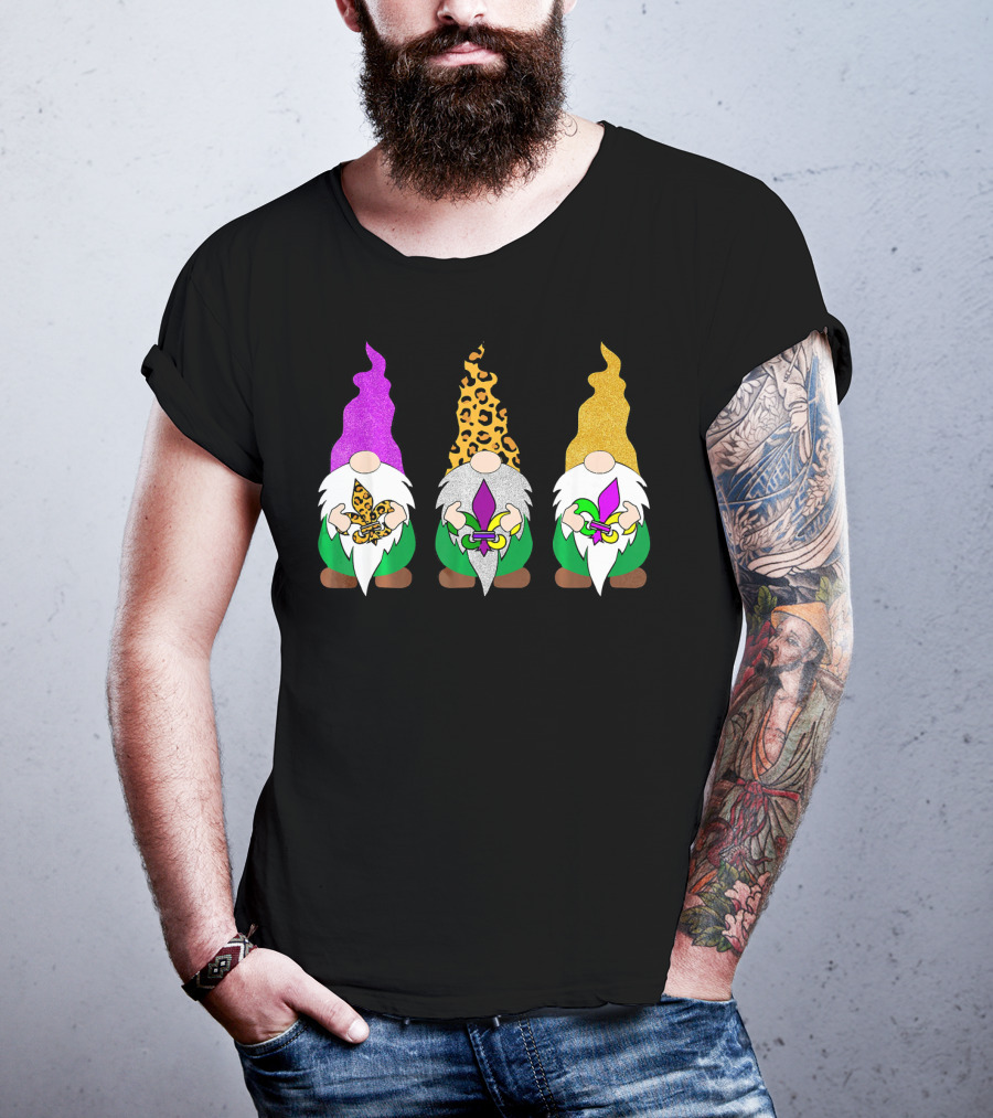Mardi Gras Festival Colors Glitter Leopard Pattern Gnomes With Fleur-de-Lis T-Shirt