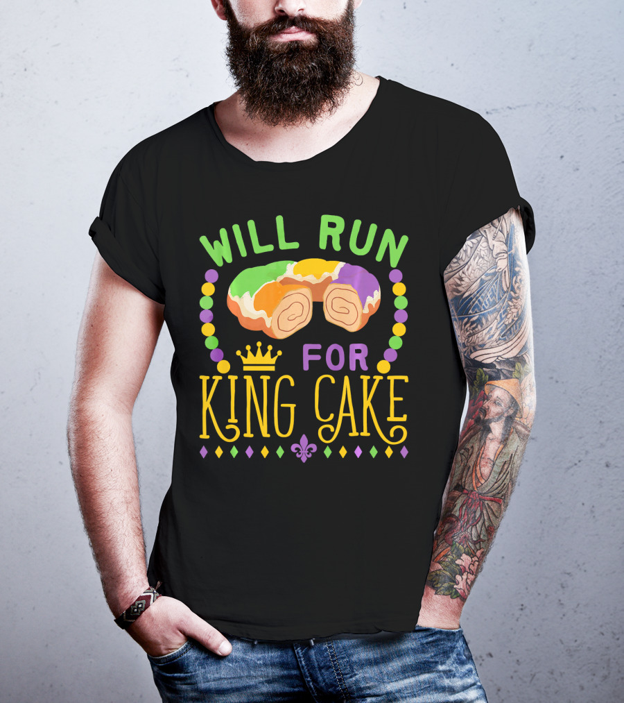Will Run For King Cake Mardi Gras Festival Beads And Pastry Fleur-de-lis Colors T-Shirt