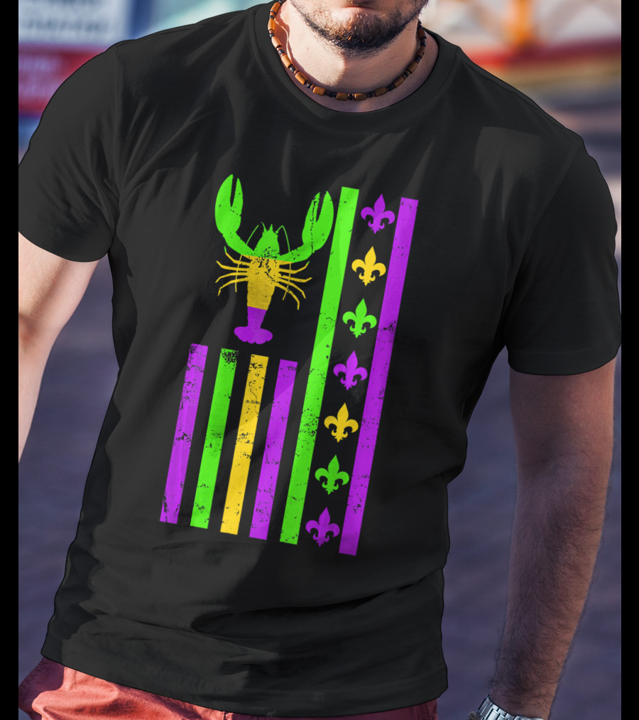American Flag Mardi Gras Crawfish Fleur-de-Lis Stripes T-Shirt