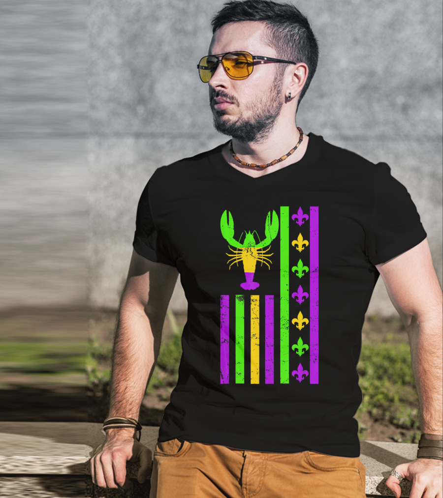 American Flag Mardi Gras Crawfish Fleur-de-Lis Stripes T-Shirt