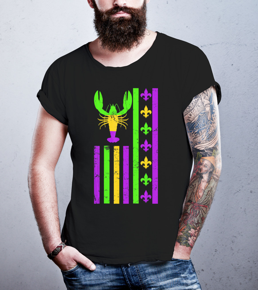 American Flag Mardi Gras Crawfish Fleur-de-Lis Stripes T-Shirt
