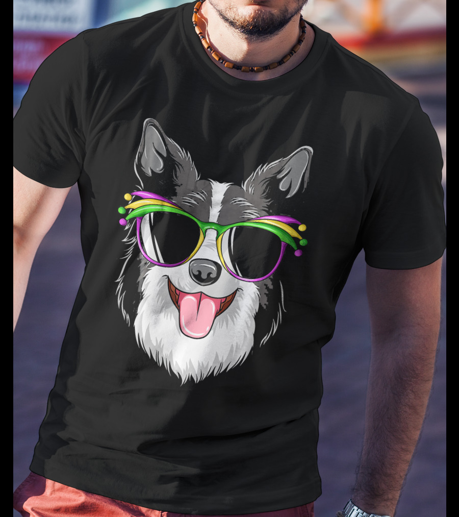 Collie Wearing Mardi Gras Carnival Mask With Colorful Glasses T-Shirt