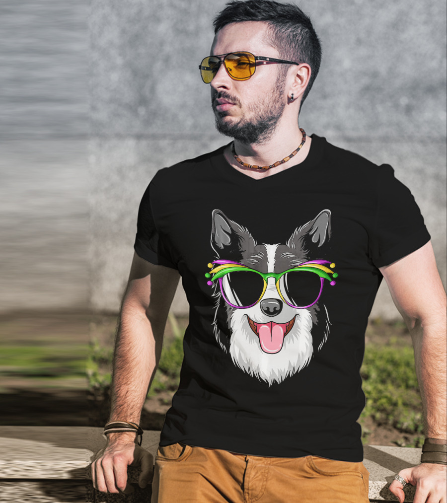 Collie Wearing Mardi Gras Carnival Mask With Colorful Glasses T-Shirt