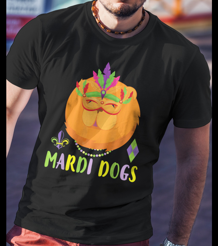 Mardi Dogs Chow Chow Costume With Beads And Mardi Gras Mask T-Shirt