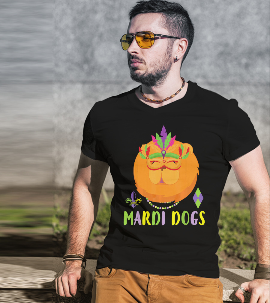 Mardi Dogs Chow Chow Costume With Beads And Mardi Gras Mask T-Shirt