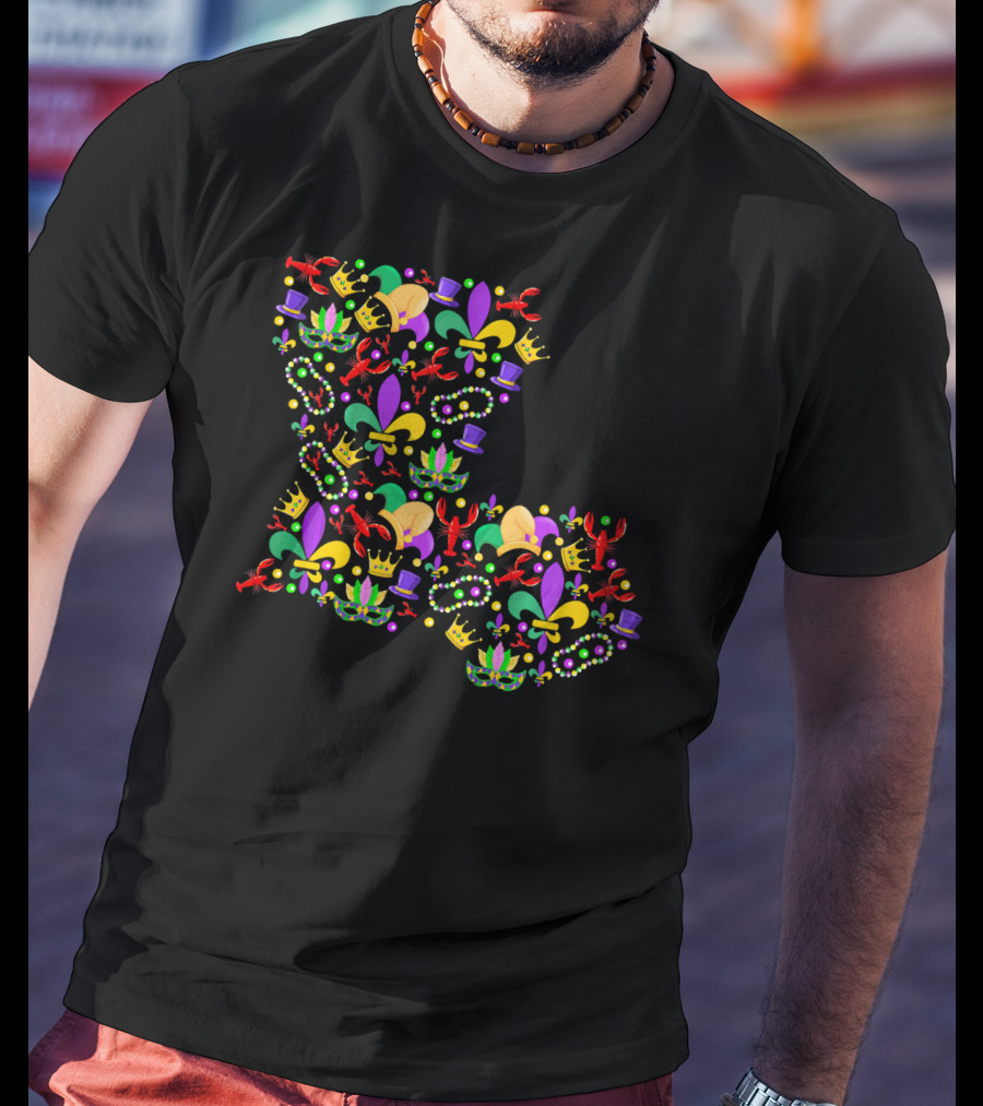 Mardi Gras Crawfish Fleur-de-Lis Beads Crowns Louisiana Map T-Shirt