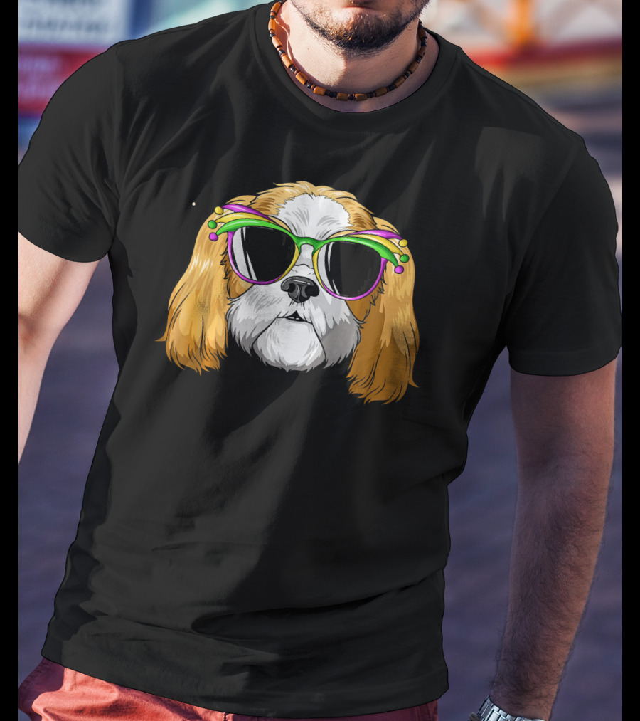 Shih Tzu Wearing Colorful Mardi Gras Carnival Mask Glasses T-Shirt