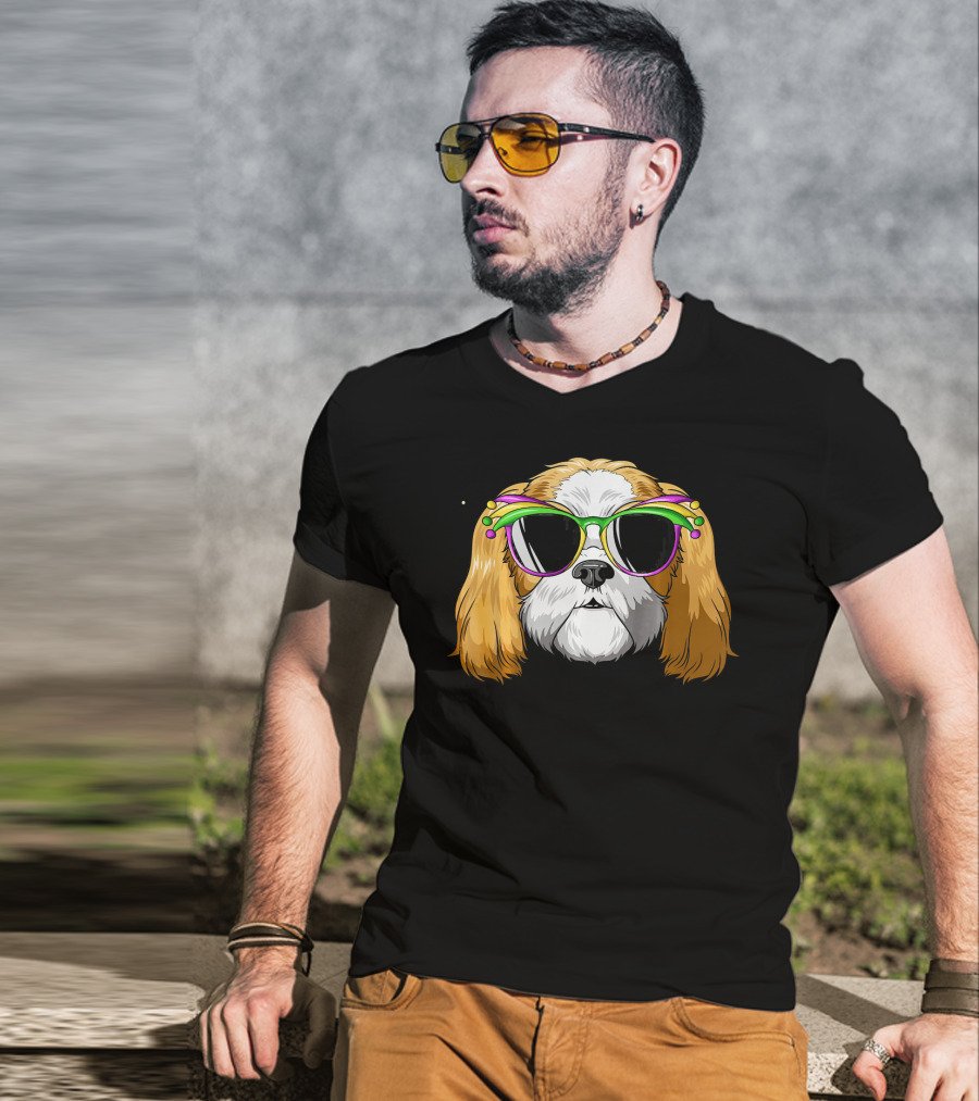 Shih Tzu Wearing Colorful Mardi Gras Carnival Mask Glasses T-Shirt
