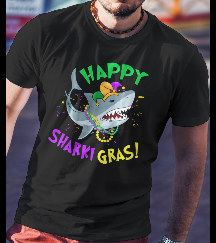 Happy Sharki Gras Mardi Gras Shark With Beads And Jester Hat T-Shirt