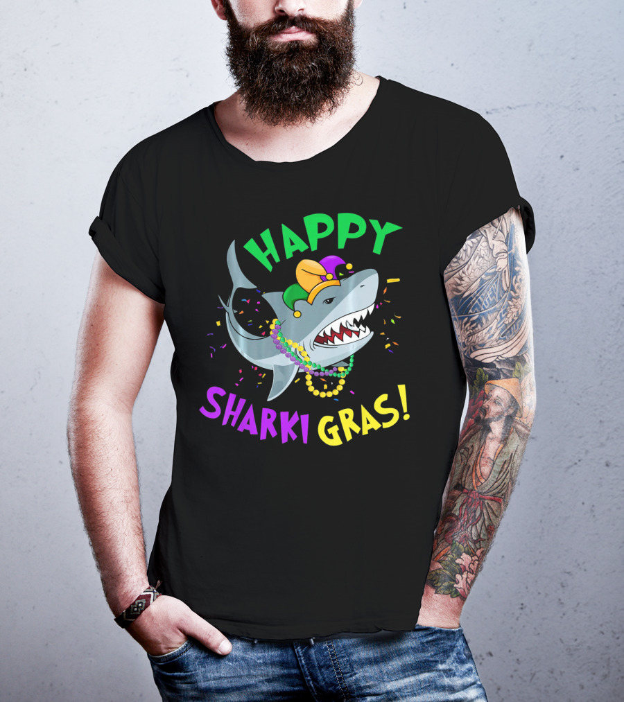 Happy Sharki Gras Mardi Gras Shark With Beads And Jester Hat T-Shirt