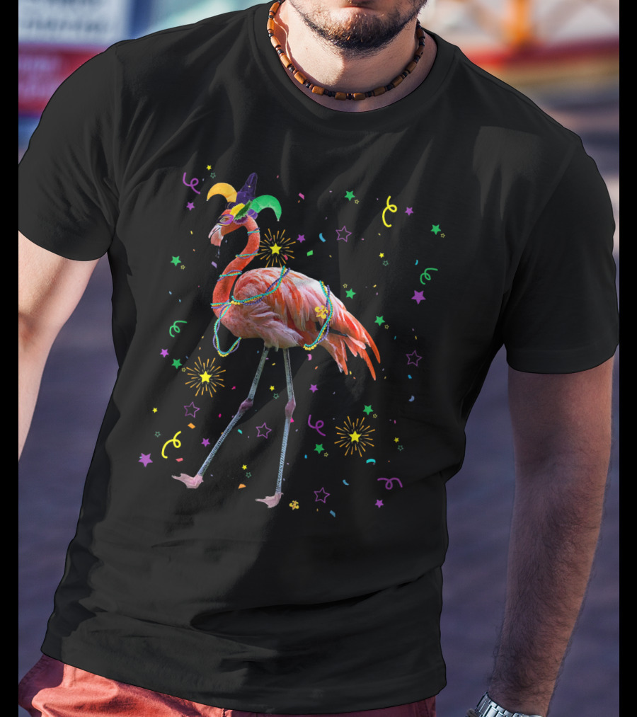 Flamingo Mardi Gras Carnival Festival Celebration With Jester Hat And Beads T-Shirt