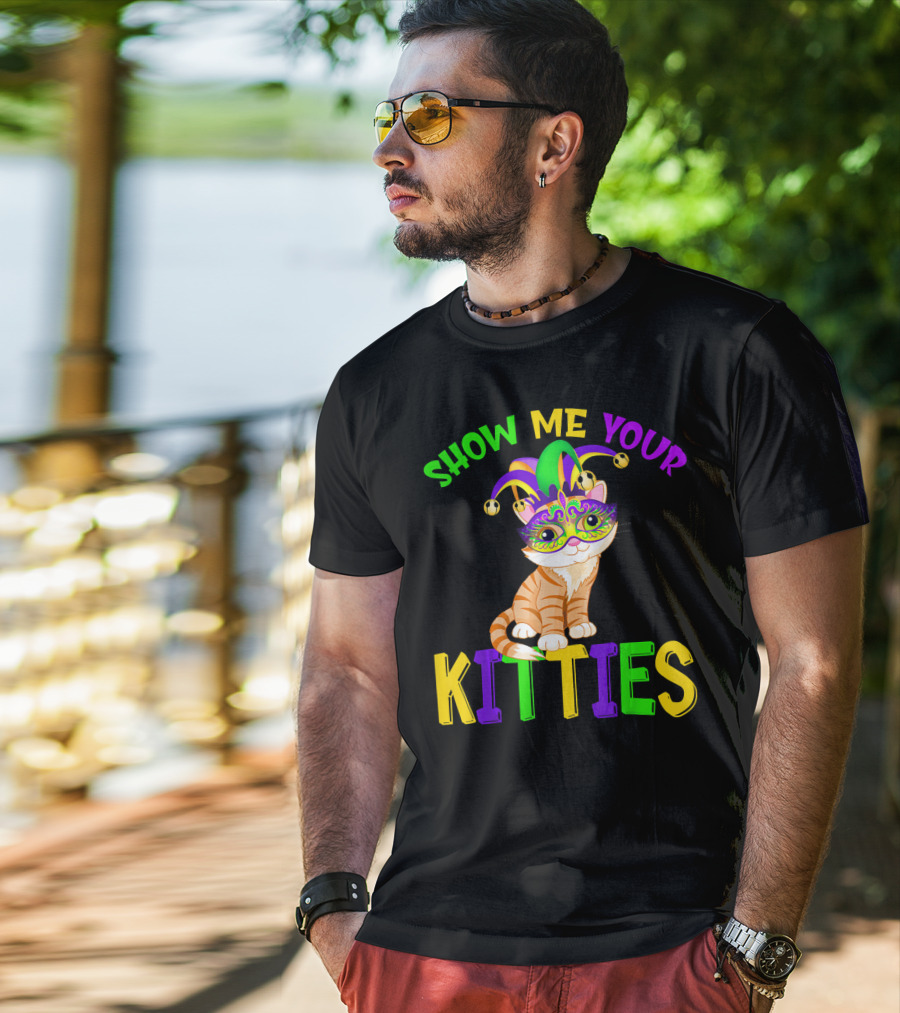 Show Me Your Kitties Cat Lover Jester Mask With Colorful Juggling Hat And Orange Tabby T-Shirt
