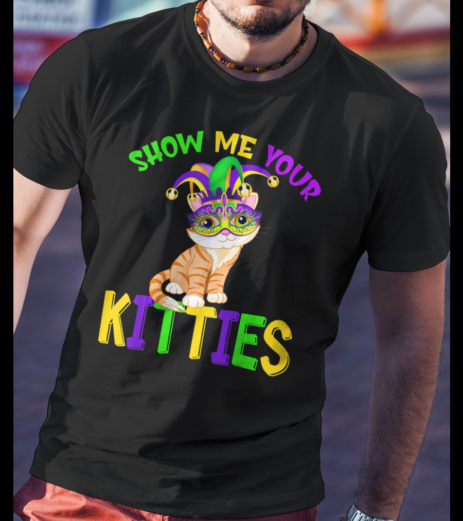 Show Me Your Kitties Cat Lover Jester Mask With Colorful Juggling Hat And Orange Tabby T-Shirt