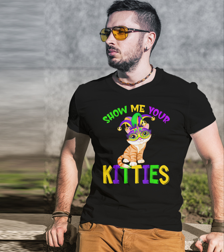 Show Me Your Kitties Cat Lover Jester Mask With Colorful Juggling Hat And Orange Tabby T-Shirt