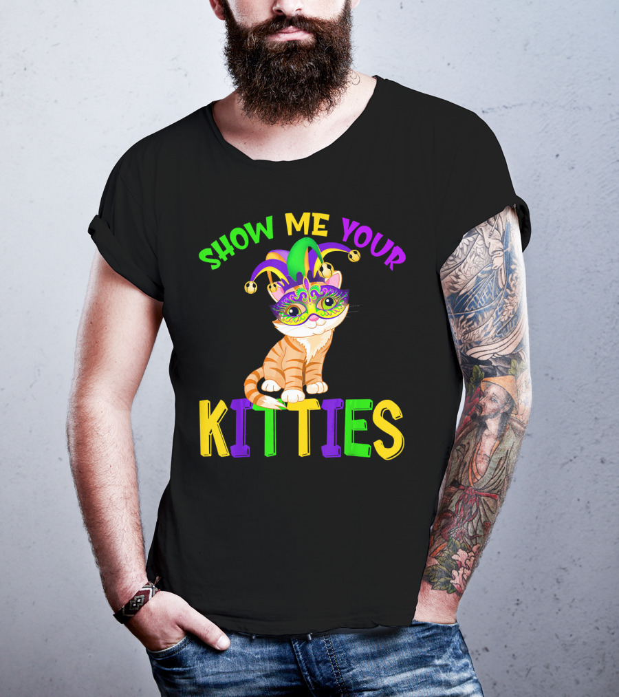 Show Me Your Kitties Cat Lover Jester Mask With Colorful Juggling Hat And Orange Tabby T-Shirt