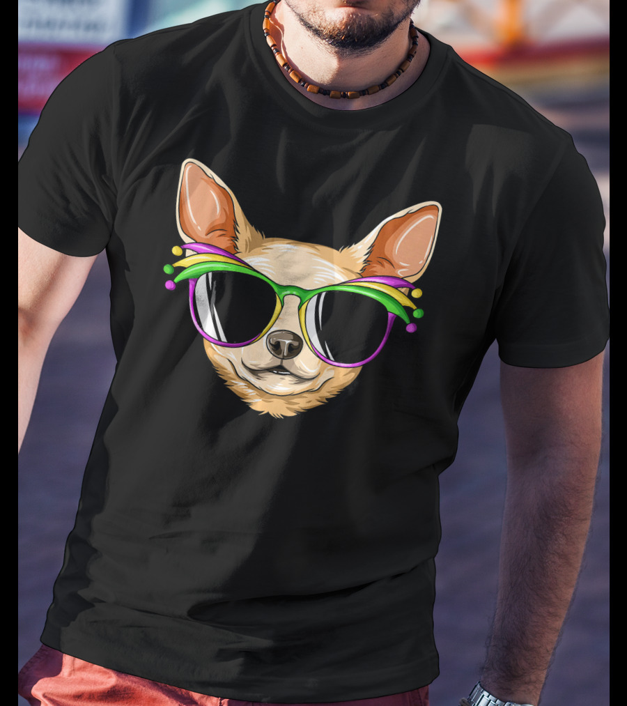 Chihuahua Mardi Gras Carnival Mask Sunglasses T-Shirt