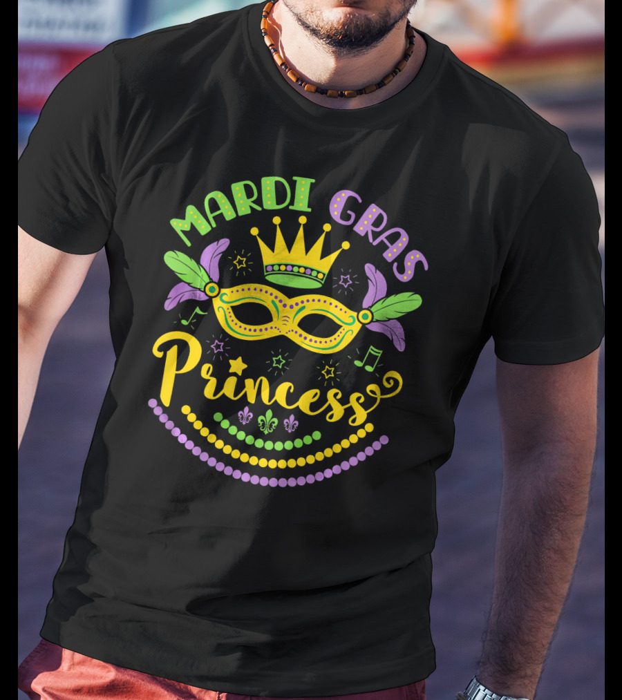 Mardi Gras Princess Crown Mask Beads Fleur-de-Lis Feathers Carnival T-Shirt
