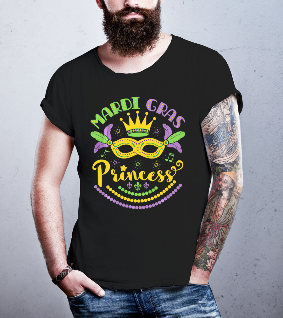 Mardi Gras Princess Crown Mask Beads Fleur-de-Lis Feathers Carnival T-Shirt