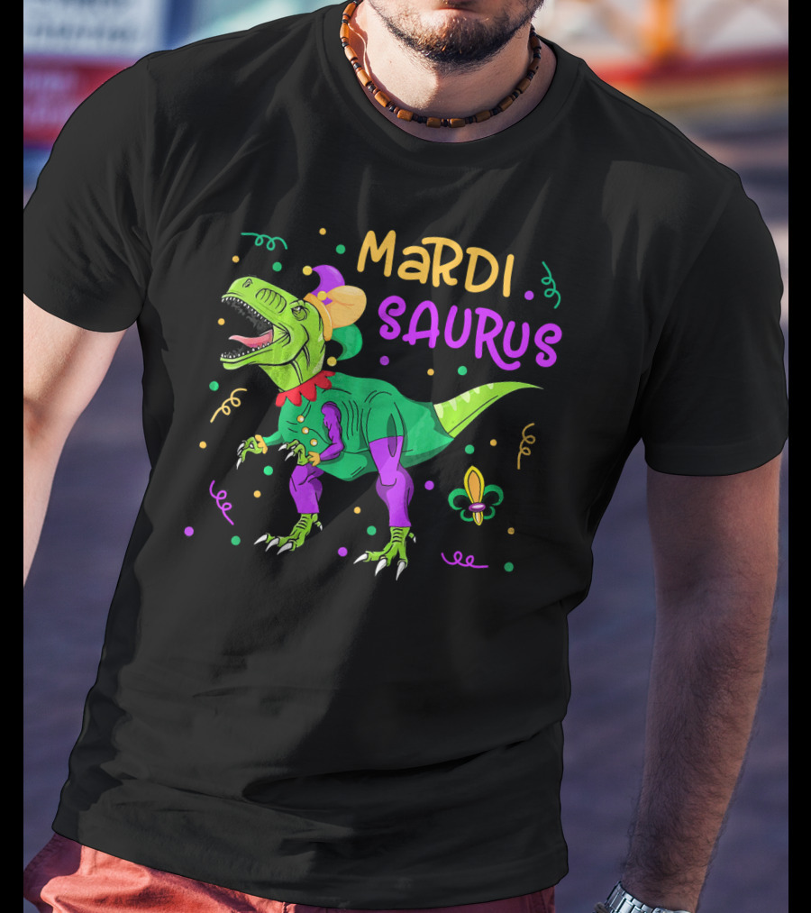 Mardisaurus Rex Dinosaur Mardi Gras Beads Jester Hat Fleur-de-Lis T-Shirt