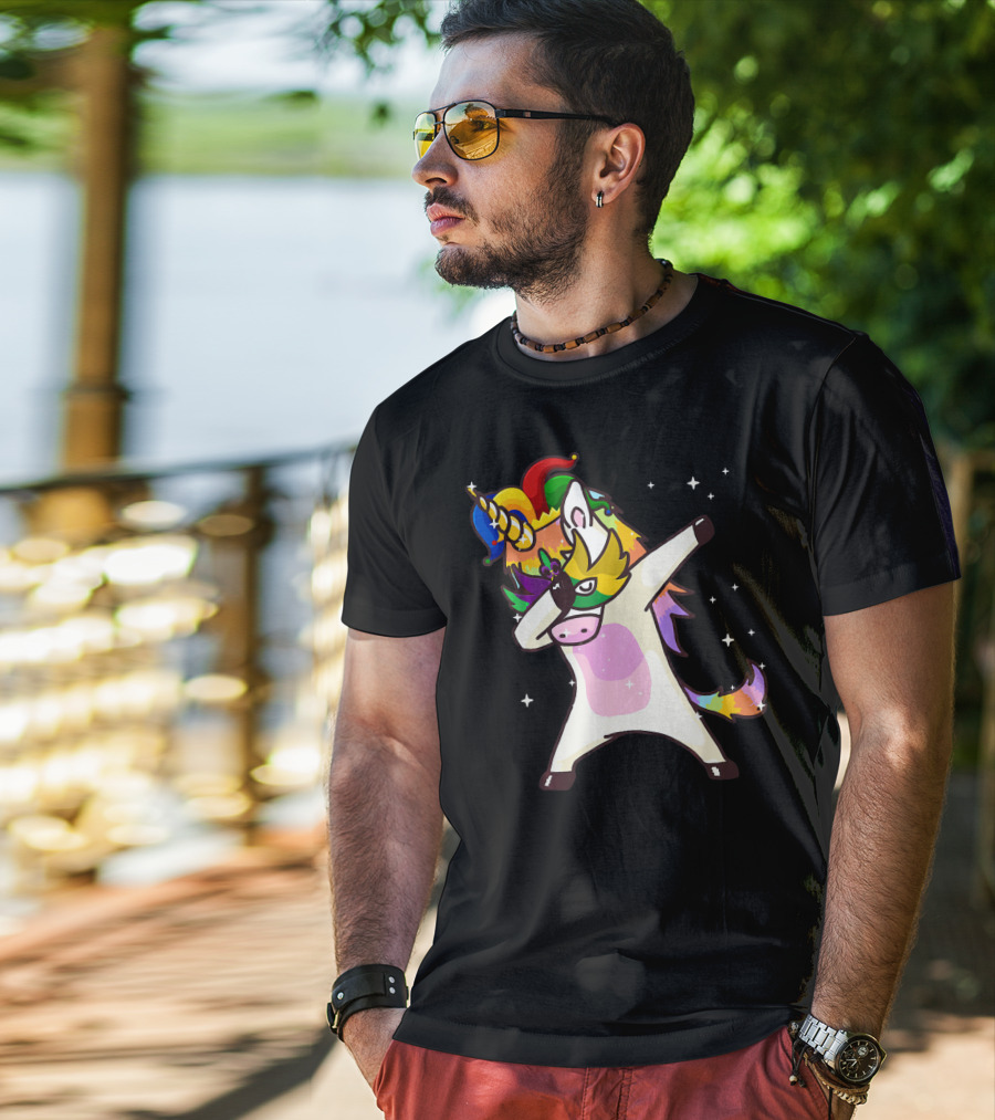 Mardi Gras Dabbing Unicorn Jester Mask Party T-Shirt